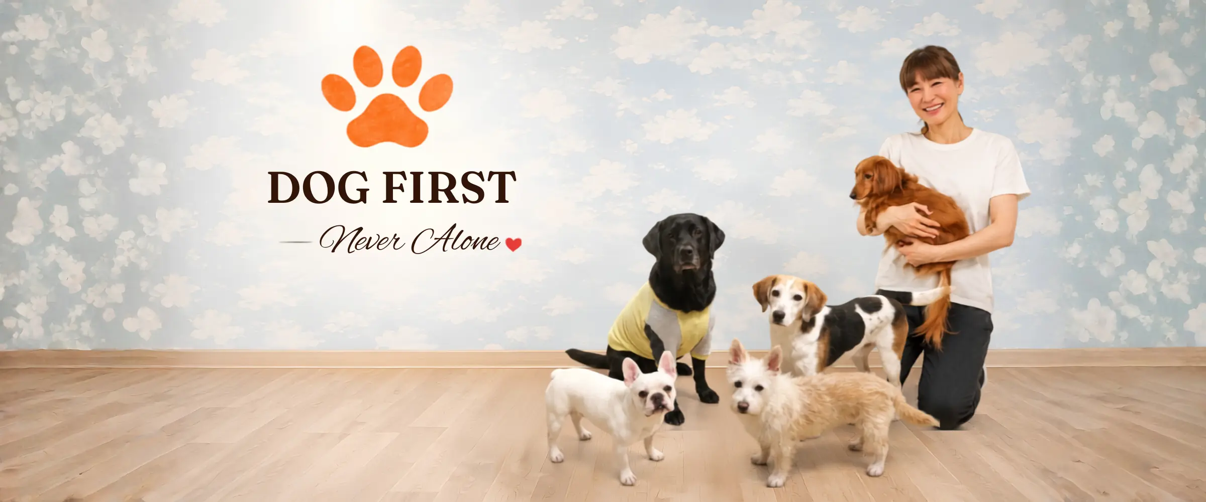 DOG FIRSTのロゴと、オーナーに寄り添う5頭の犬たち