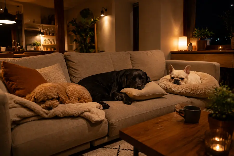 夜のリビングのソファで寄り添って眠る3頭の犬