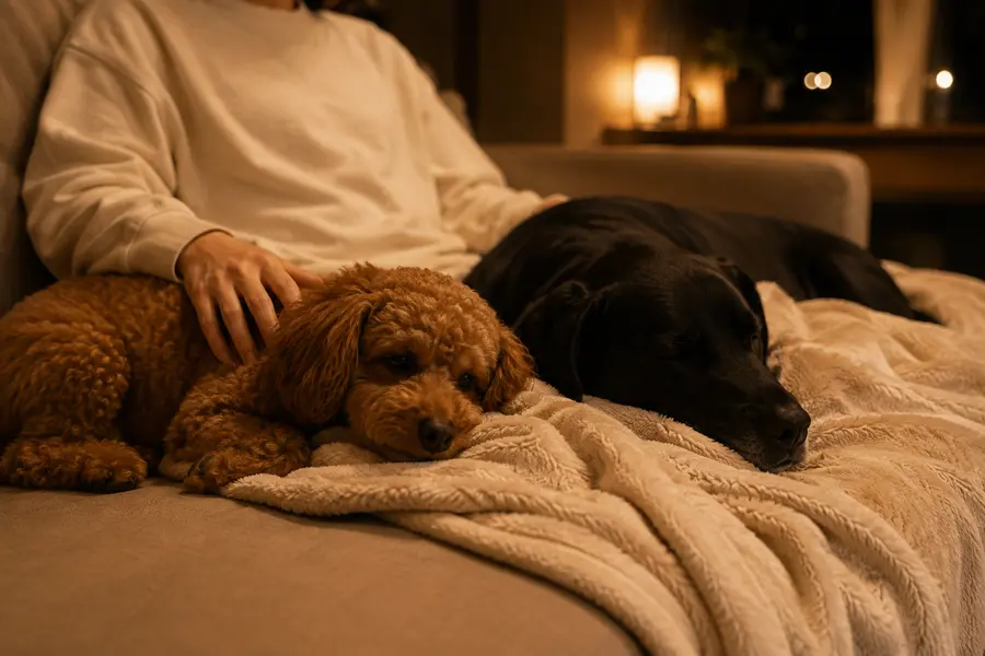 夜のソファで、オーナーに撫でられながら寄り添って眠る2頭の犬